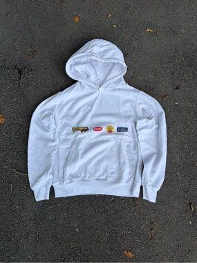 Shadow Hill White Pullover Hoodie with Multicolor Logo Patches - Men
